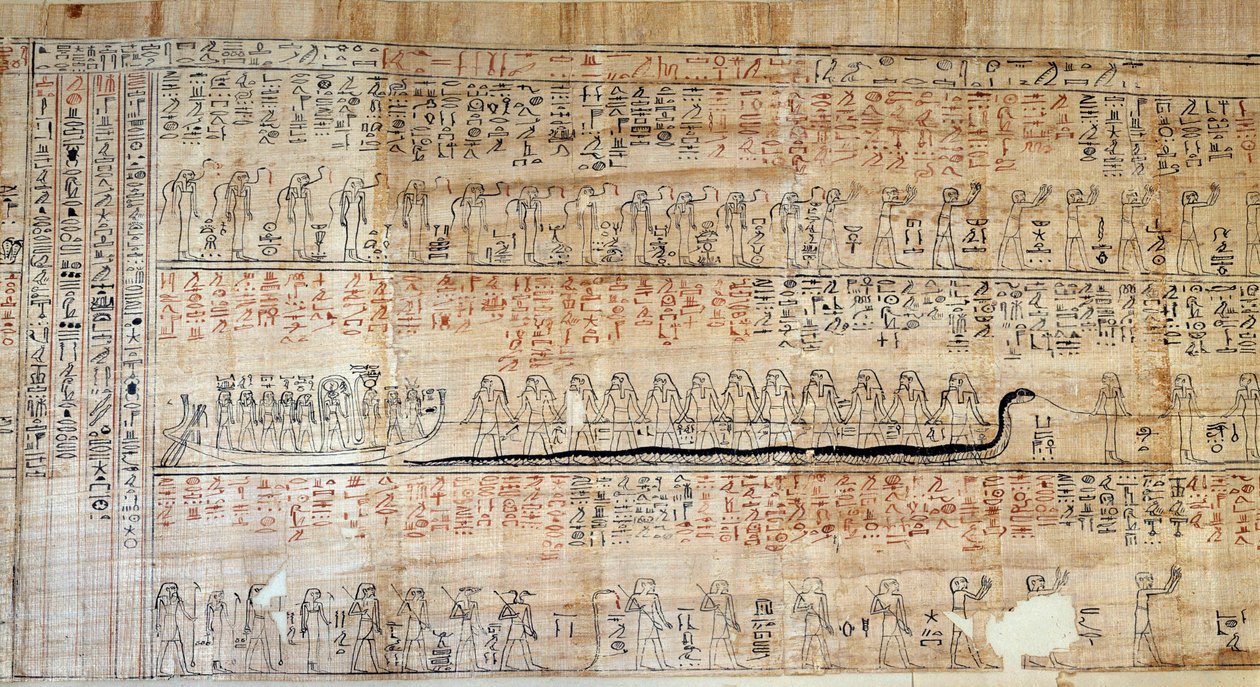 Egyptský starověk: Papyrus přebírá z Knihy tajných domovů. Tato kniha je komentovanou reprezentací podzemní cesty slunce během dvanácti hodin noci. Nejprve kreslí na stěnách královských svazků, poté bylo přepsáno dál od School Egyptian