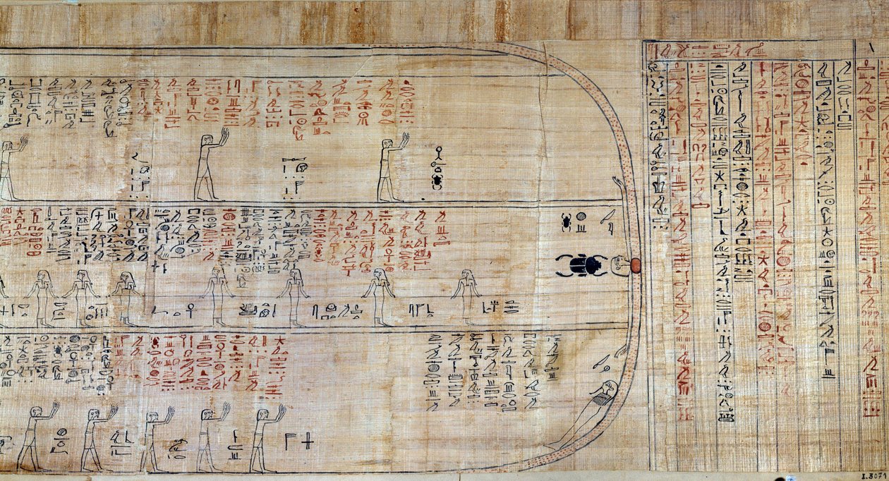 Egyptský starověk: Papyrus přebírá z Knihy tajných domovů. Tato kniha je komentovanou reprezentací podzemní cesty slunce během dvanácti hodin noci. Nejprve kreslí na stěnách královských svazků, poté bylo přepsáno dál od School Egyptian