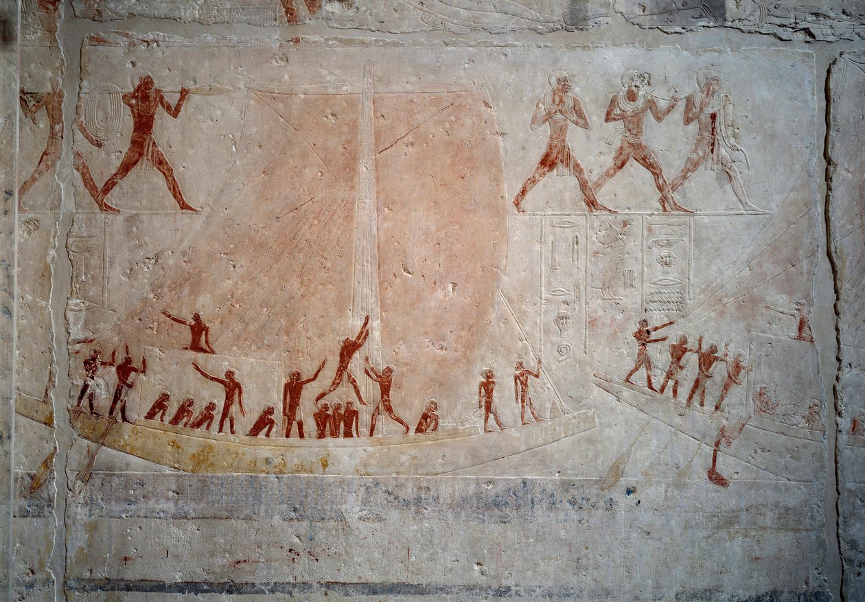 Egyptský starověk: plachetnice. Vápencový reliéf z kaple Mastaba of Akhethetep v Sakkáře. 5. dynastie (kolem 2500-2350 př. Kr.) 2300 př. Kr. Paříž, muzeum Louvre od School Egyptian