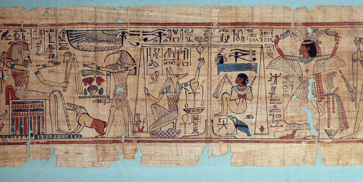Egyptský starověk: detail mytologického papyru Neskapashouty, účetní písař zrn Amonovy půdy. Anubis váží srdce (duši) zemřelého. 21. dynastie od School Egyptian