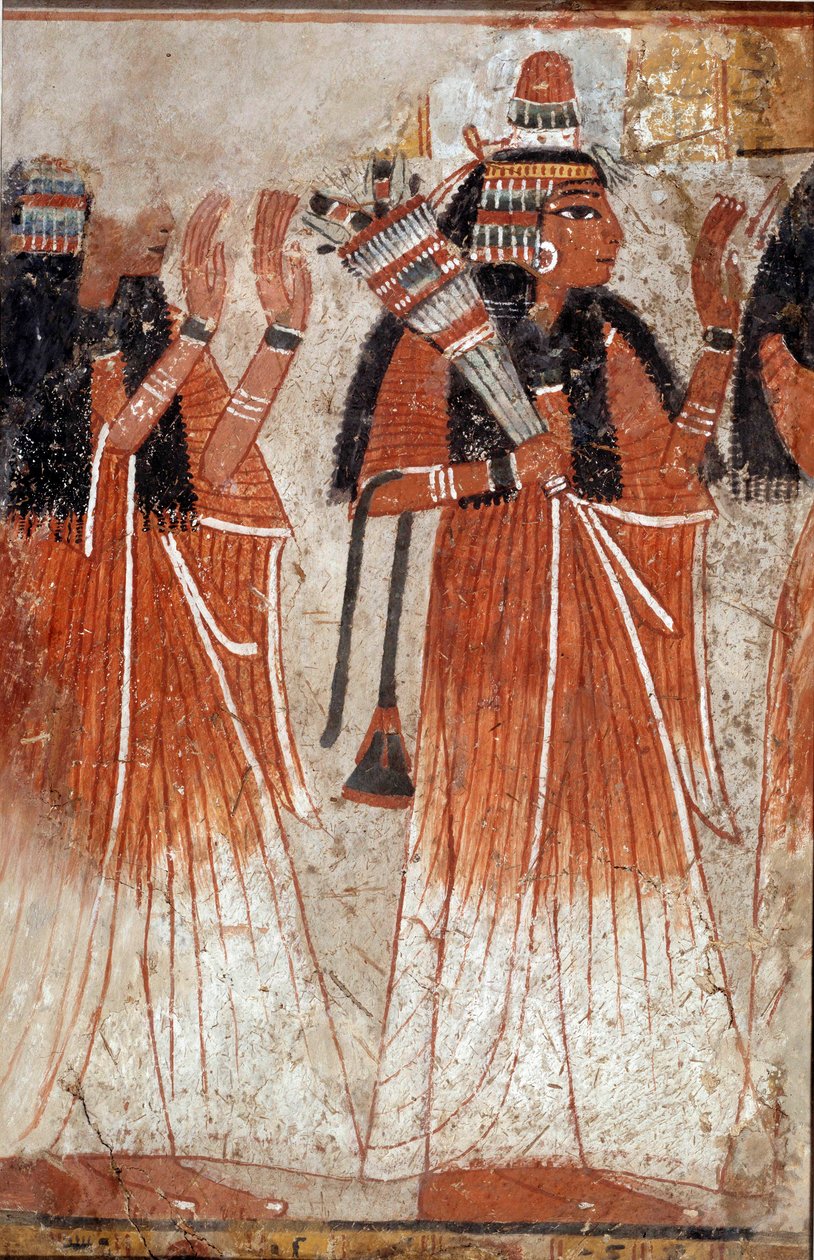 Egyptský starověk: fragment nástěnné malby z Niayovy hrobky zobrazující soutěsku příbuzných zesnulého. Z místa Dra Aboul Naga. 19. dynastie (1295-1186 př. n. l.) Sun. 0,61 x 0,39 m od School Egyptian