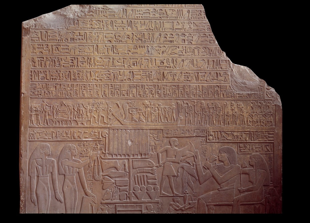 Egyptský starověk: pohřební stéla pokrytá nápisem v kódovém jazyce ve formě hieroglyfů. Paříž, muzeum Louvre od School Egyptian