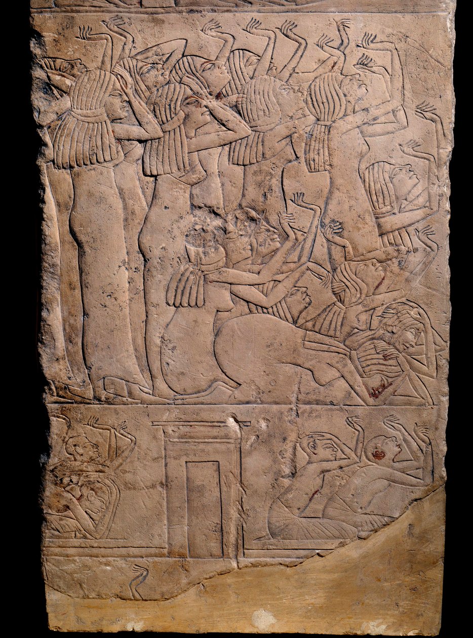 Egyptský starověk: memfitská hrobka od Horemhebu po Sakkáru (Sakkarah nebo Sakkára), reliéf: pláč na pohřbu Horemhebu. 18. dynastie (cca 1550-1295 př.n.l.) od School Egyptian