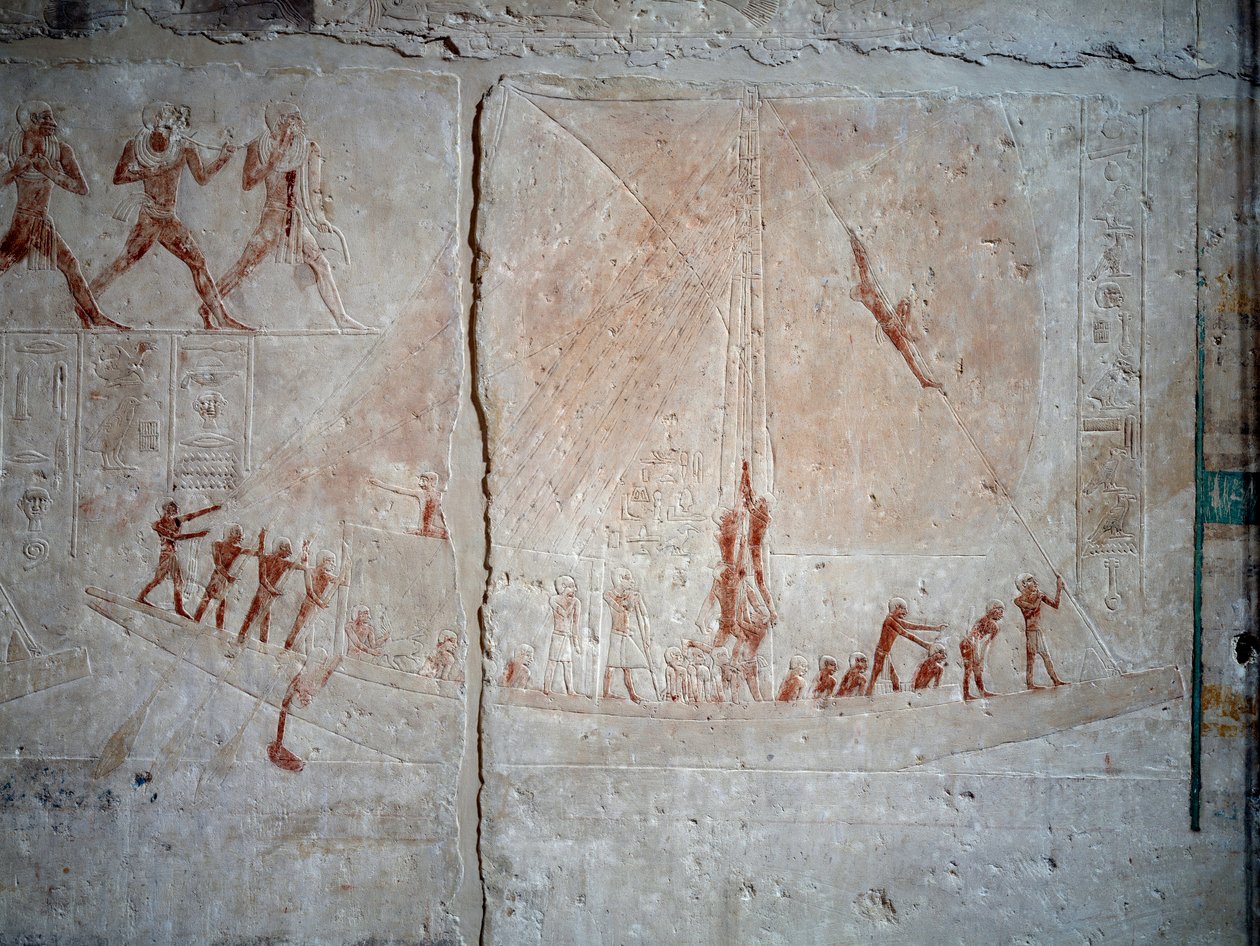 Egyptský starověk: navigační scéna. Vápencový reliéf z kaple Mastaba of Akhethetep v Sakkáře. 5. dynastie (kolem 2500-2350 př. Kr.) 2300 př. Kr. Paříž, muzeum Louvre od School Egyptian
