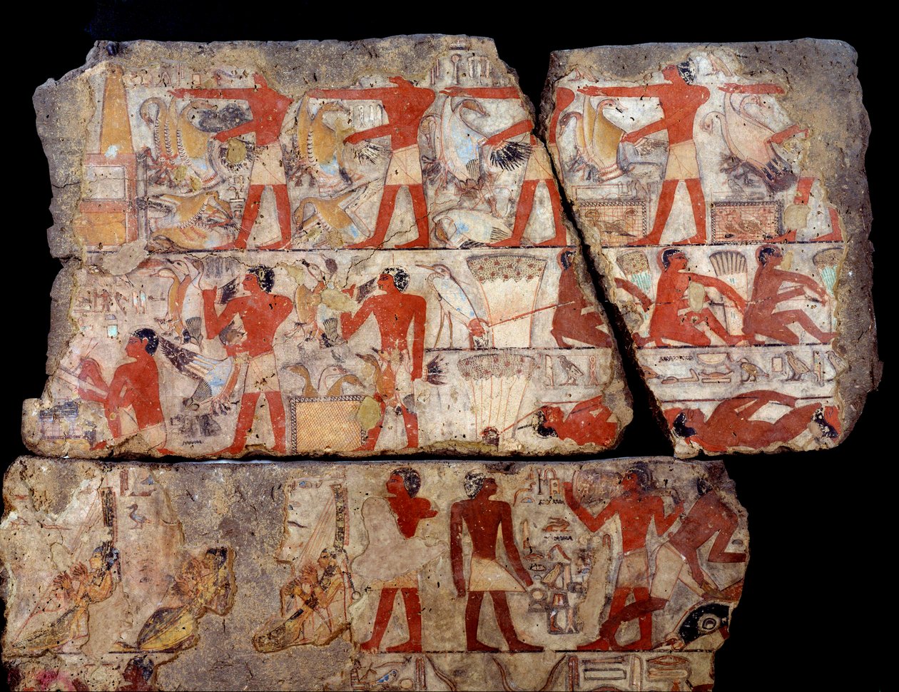 Egyptský starověk: obraz mastaby z Metchetchi. Scéna každodenního života (lov, rybaření, obětování) v Egyptě v době 6. dynastie. 2400-2300 před naším letopočtem. Z místa Sakkara (Sakkara) od School Egyptian