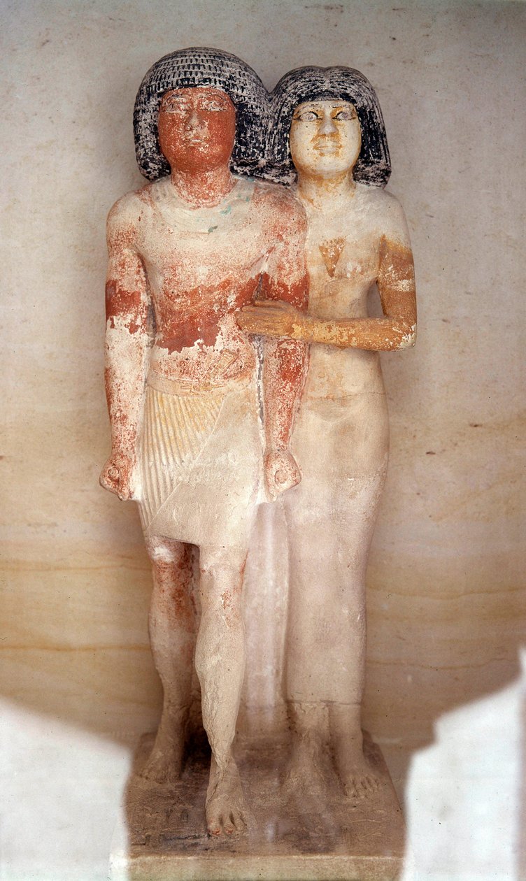 Egyptský starověk: socha Raherky, šéfa písařů, a jeho manželky Meresankh. Malovaná vápencová socha. 5. dynastie, starověká říše (kolem 2700-2200 př. Kr.). Ztlumit. 0,52 x 0,21 m. muzeum Louvre od School Egyptian