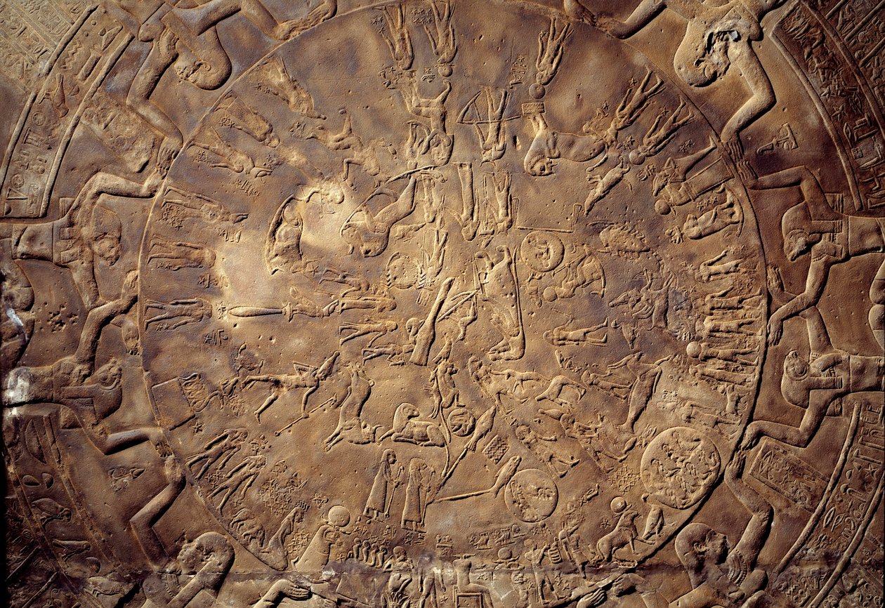 Egyptský starověk: detail zvěrokruhu s reliéfními souhvězdími ze stropu východní kaple Osiris z chrámu Hathor v Denderě. 30 před naším letopočtem. Paříž, muzeum Louvre od School Egyptian