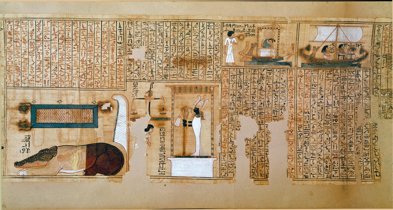 Egyptská antiquitis: fragment Knihy mrtvých, papyrus z Nebqedu. Detail představující váhu duší. 18. dynastie. 1400-1350 před naším letopočtem. Paříž, muzeum Louvre od School Egyptian