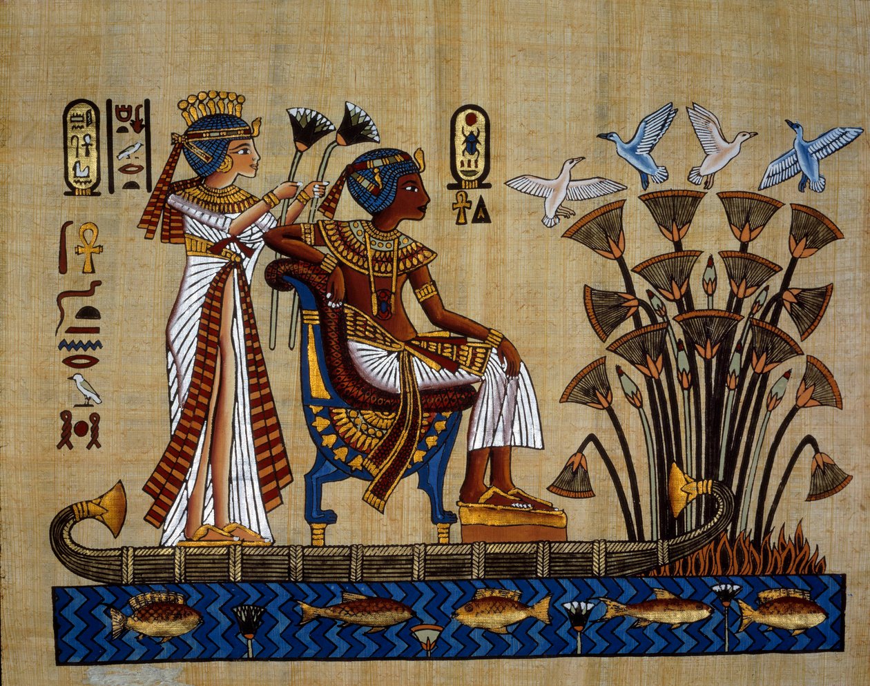 Egyptská antiquitis: „“faraon a jeho žena v papyru““ Papyrus, Nová Říše od School Egyptian
