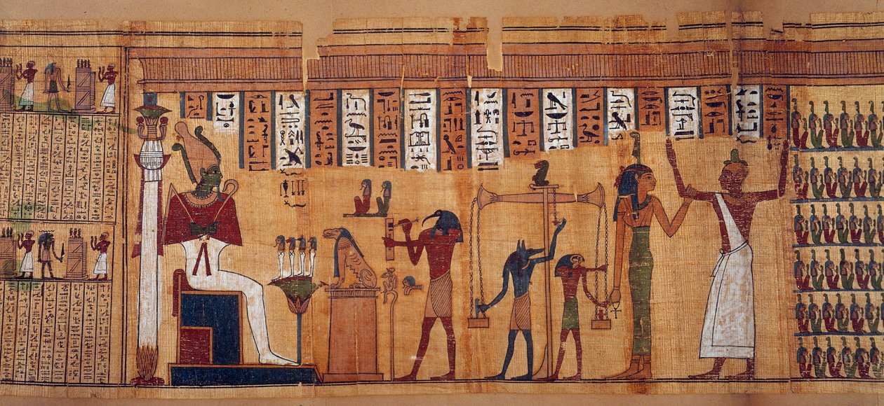 Egyptská antiquitis: vážení duší, papyrus Knihy mrtvých Chahapiimou, představený Amonových astronomů. Ptolemaiovské období (332–30 př. n. l.) Kolem 500–100 př. n. l. Paříž, muzeum Louvre od School Egyptian