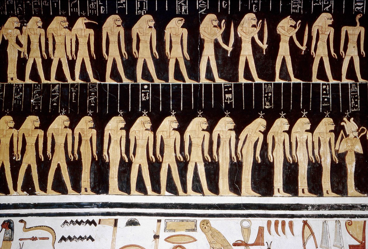 Luxor, Théby: Údolí králů, kresba boha a bohyně na vnitřní stěně chrámu. od School Egyptian