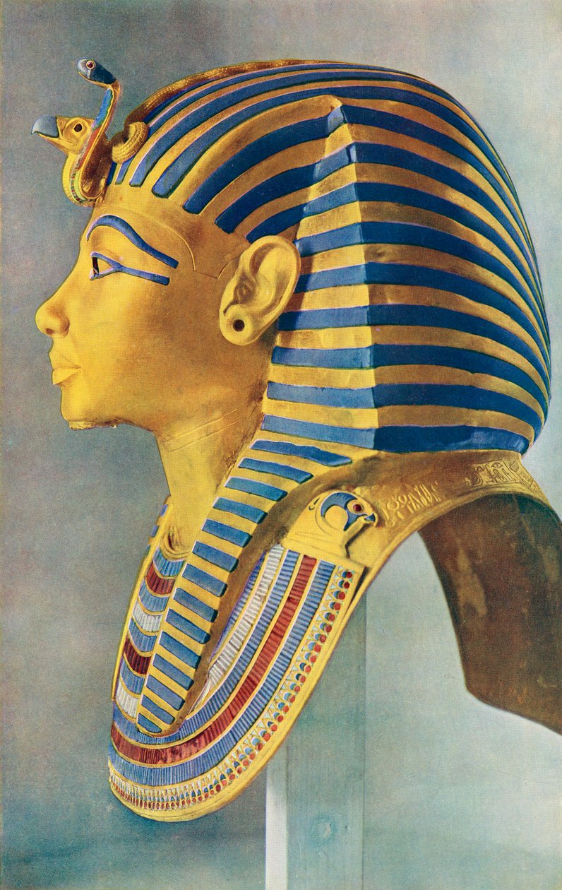 Tutanchamon. Masivní zlatá portrétní maska, která zakrývala hlavu mumie mladého faraona. Egyptský faraon z 18. dynastie, vládl c. 1332 před naším letopočtem 1323 před naším letopočtem. Z The Illustrated London News, číslo stříbrného jubilejního rekordu od School Egyptian