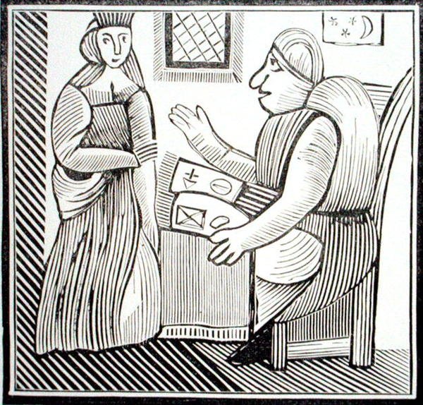 Žena hledá radu od věštce, kopie ilustrace z „Historie Matek Západu“, ze sbírky esoterických knih 14.–17. století (dřevořez) od School English