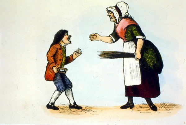 Dítě je pokáráno v Dameově škole, ilustrace z historie hornbooku (barva litho) od School English