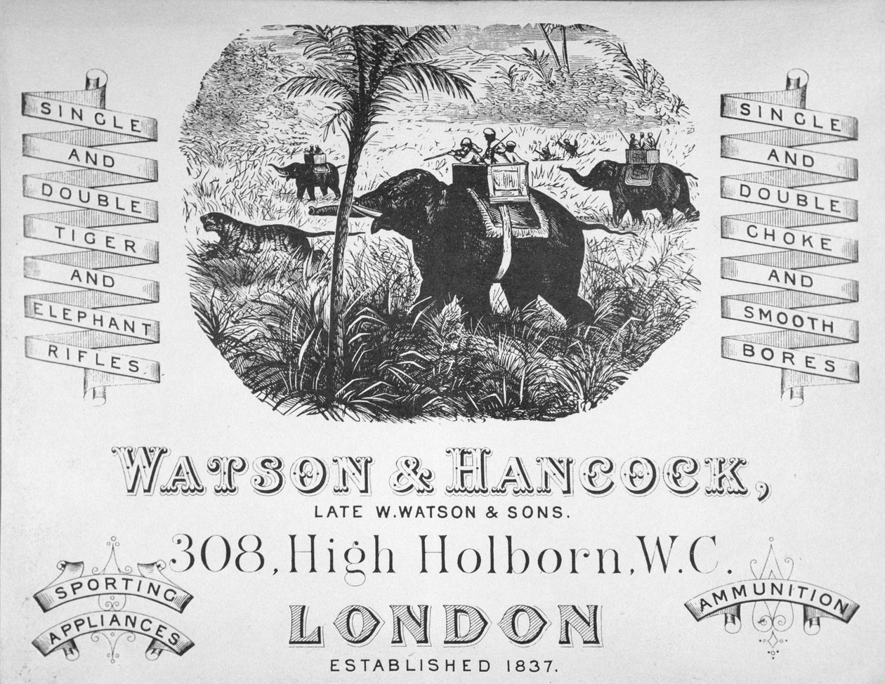 Reklama pro výrobce zbraní Watson & Hancock, cca 1900 (litho) od School English