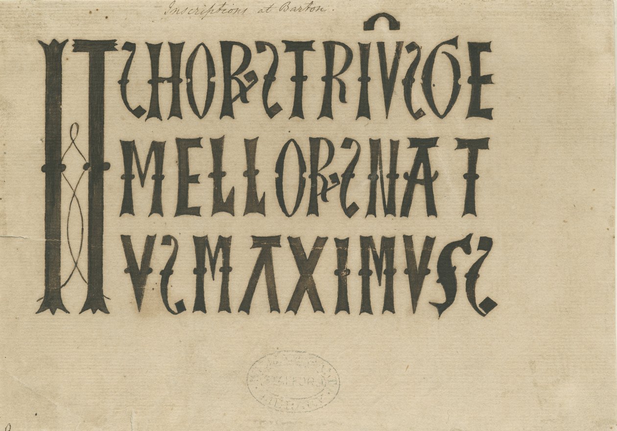 Barton under Needwood Church - nápis: inkoustová faksimile a [?18. století] (kresba) od School English