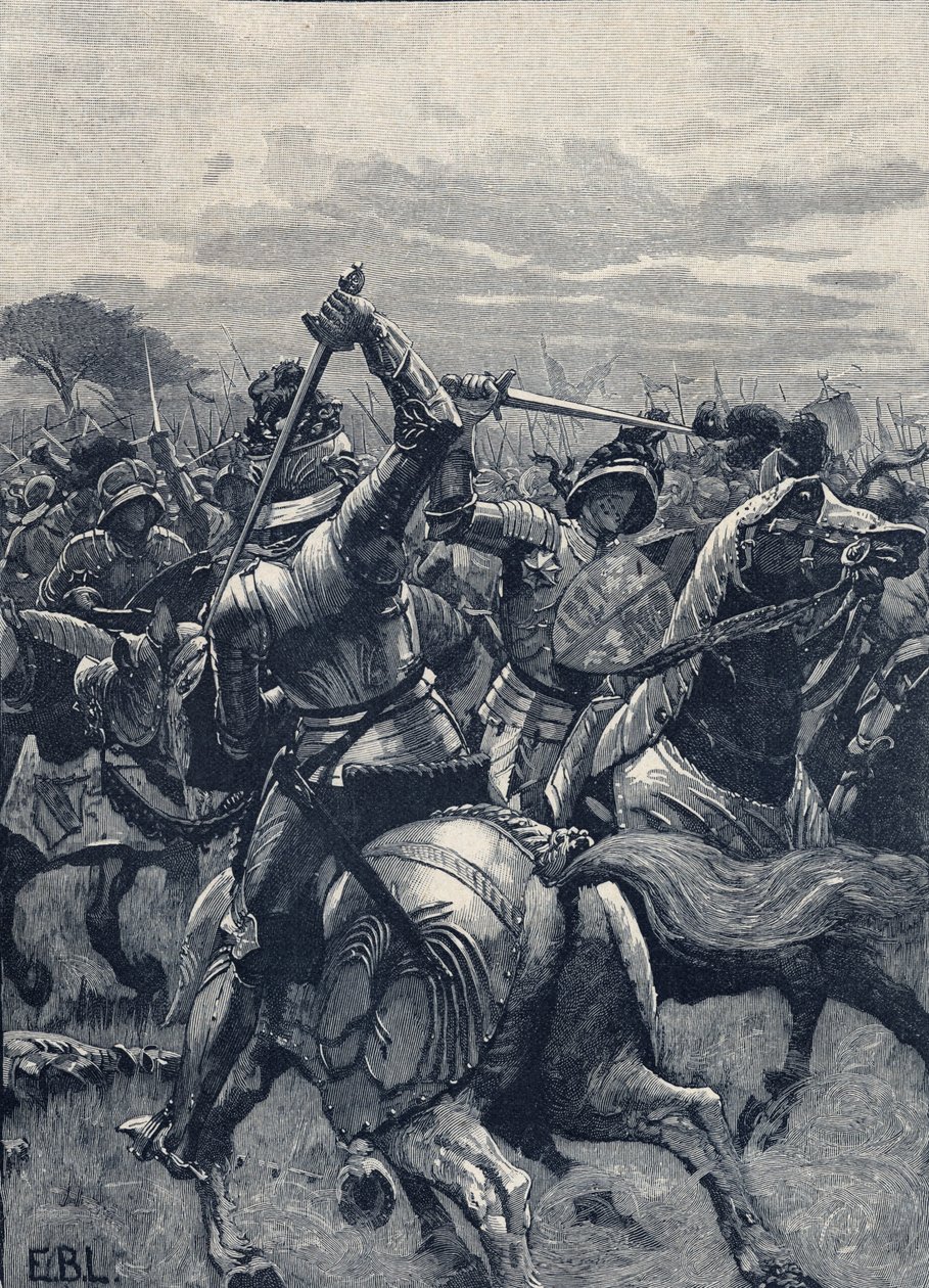 Bitva na Bosworthském poli, 22. srpna 1485, Wars of the Roses (litho) od School English