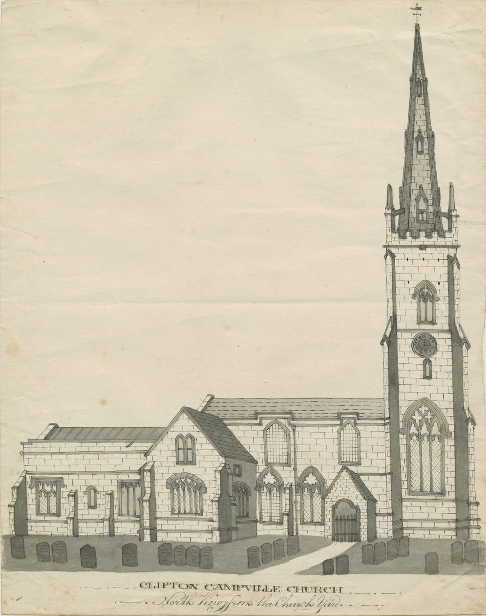 Clifton Campville Church: kresba perem a sépií, nd [~19. století] (kresba) od School English