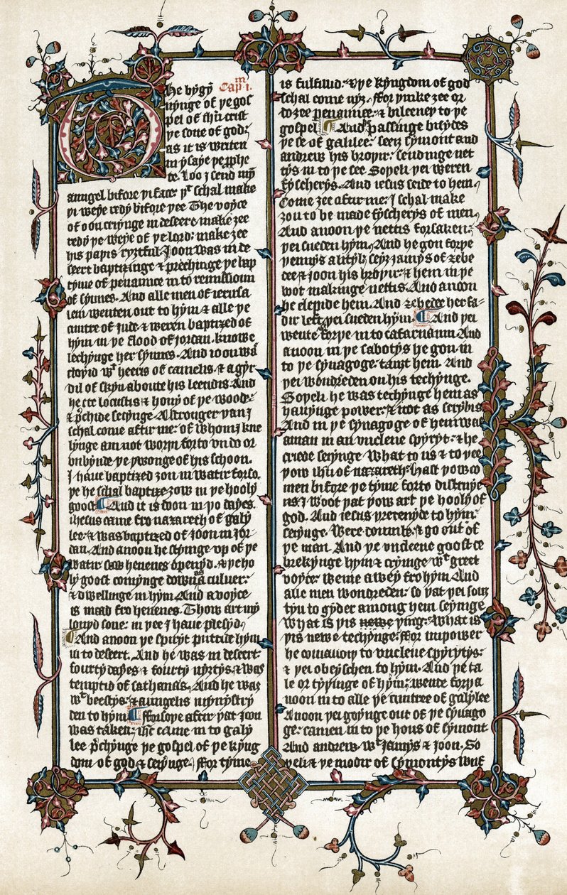 Kopie stránky z evangelia svatého Marka, Viklefova překladu Bible do angličtiny z roku 1400 (tisk) od School English