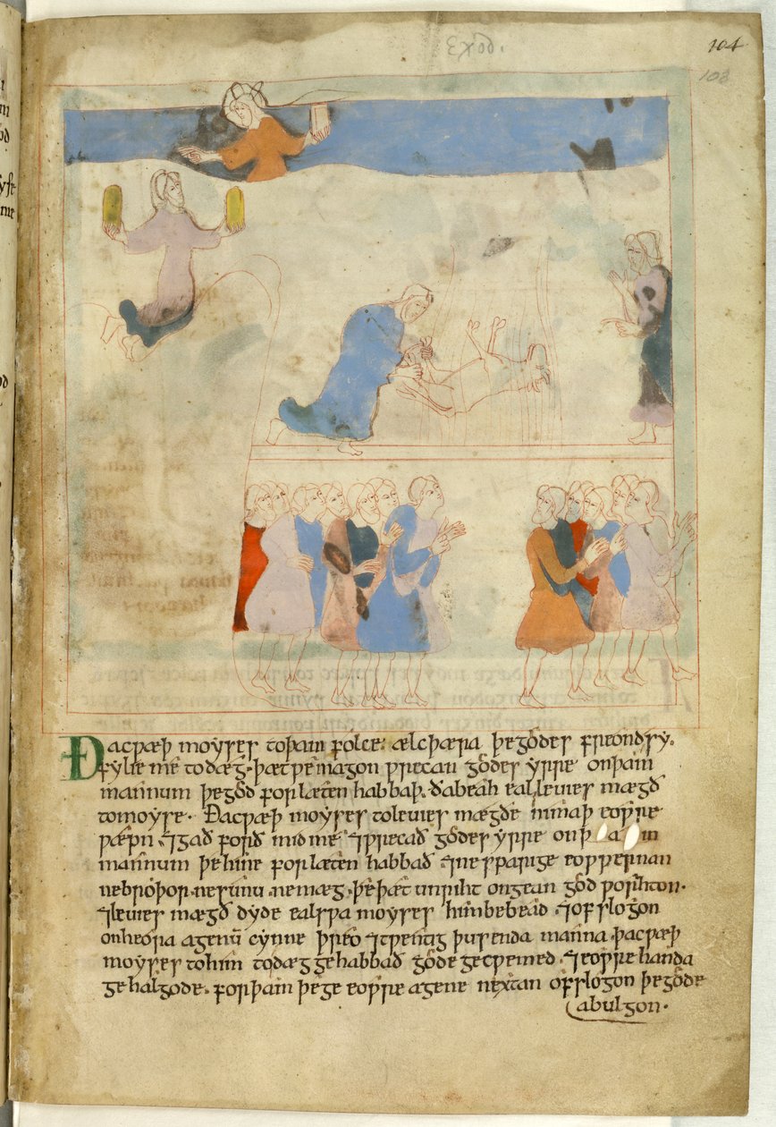 Bavlna Claudius B. IV, f.103 Mojžíš s deseti přikázáními, ilustrace ze „staroanglického ilustrovaného Hexateuchu“ (vellum) od School English