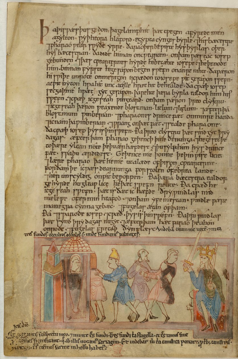 Cotton Claudius B. IV, f.58v Scéna zobrazující anglosaskou spravedlnost, ilustrace z (vellum) od School English