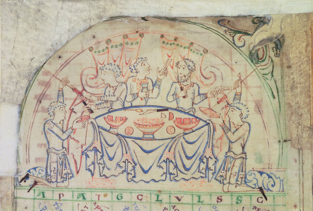 Bavlna aršík Tiberius C VI f.5v Hodová scéna z kalendáře, 3. čtvrtina 11. století-2. polovina 12. století (pergamen) od School English