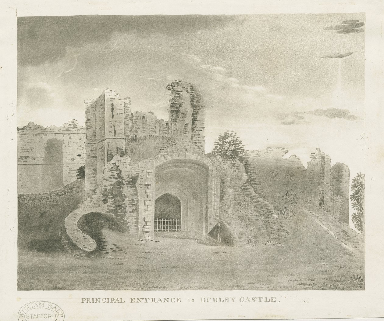 Dudley Castle – hlavní vchod: rytina akvatinty a [?18. století] (tisk) od School English