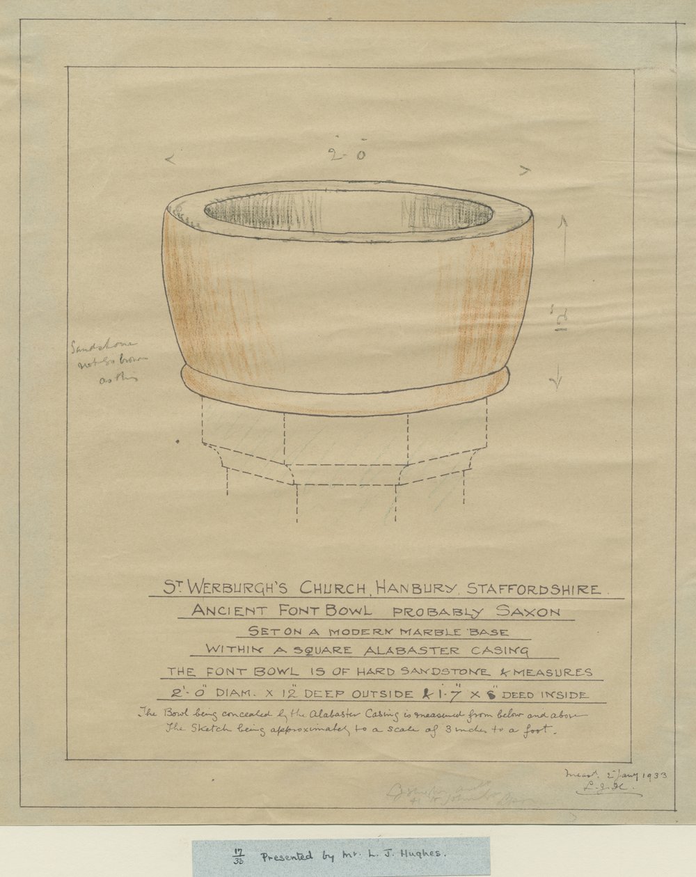 Hanbury Church - Ancient Font Bowl: tracing, nd [1933] (kresba) od School English