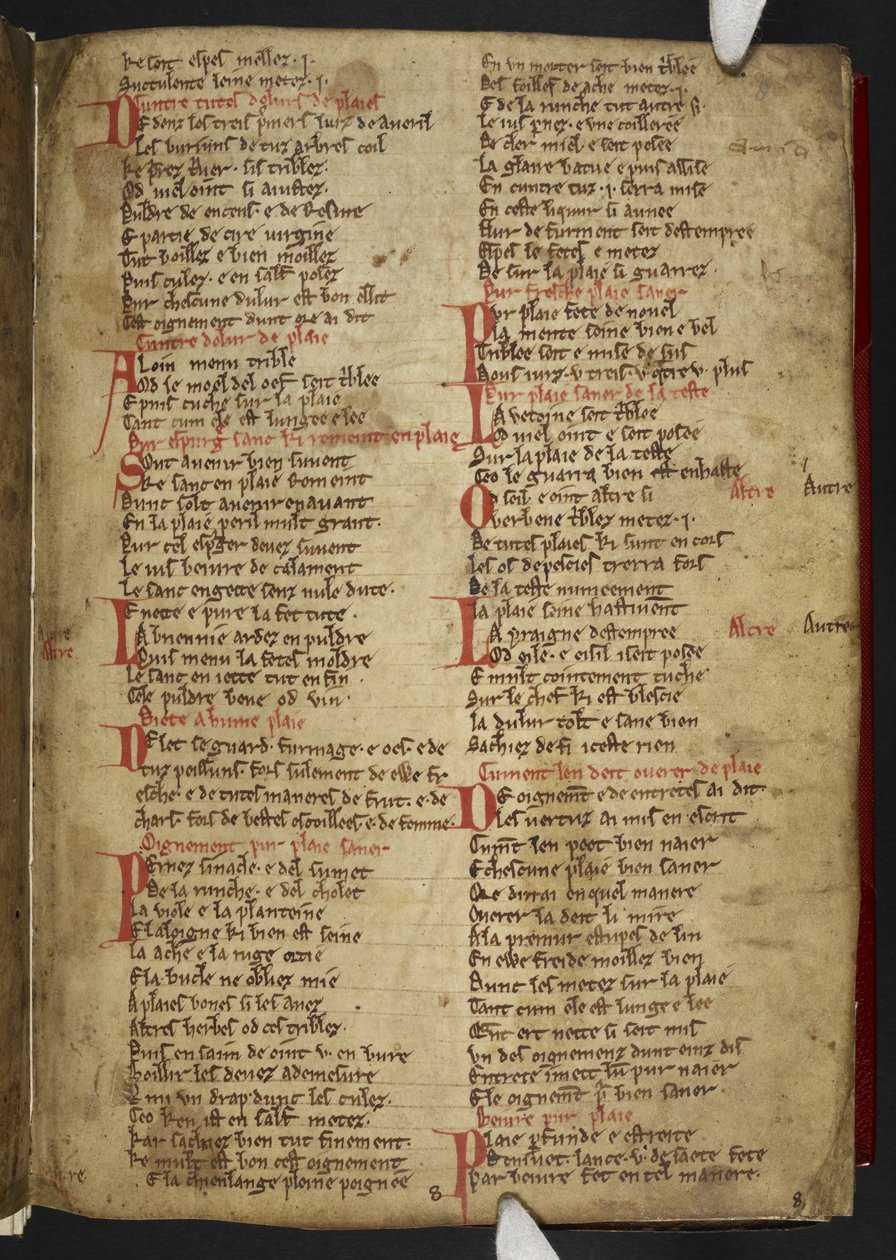 Harley MS 2558 f.8r, Novele cirurgerie, úryvek (365 řádků). Sbírka lékařských receptů v anglo-normanském verši (vellum) od School English