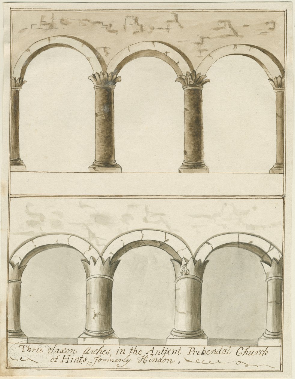 Interiér kostela Hints: pero a lavírovaná kresba, nd [c 1750] (kresba) od School English