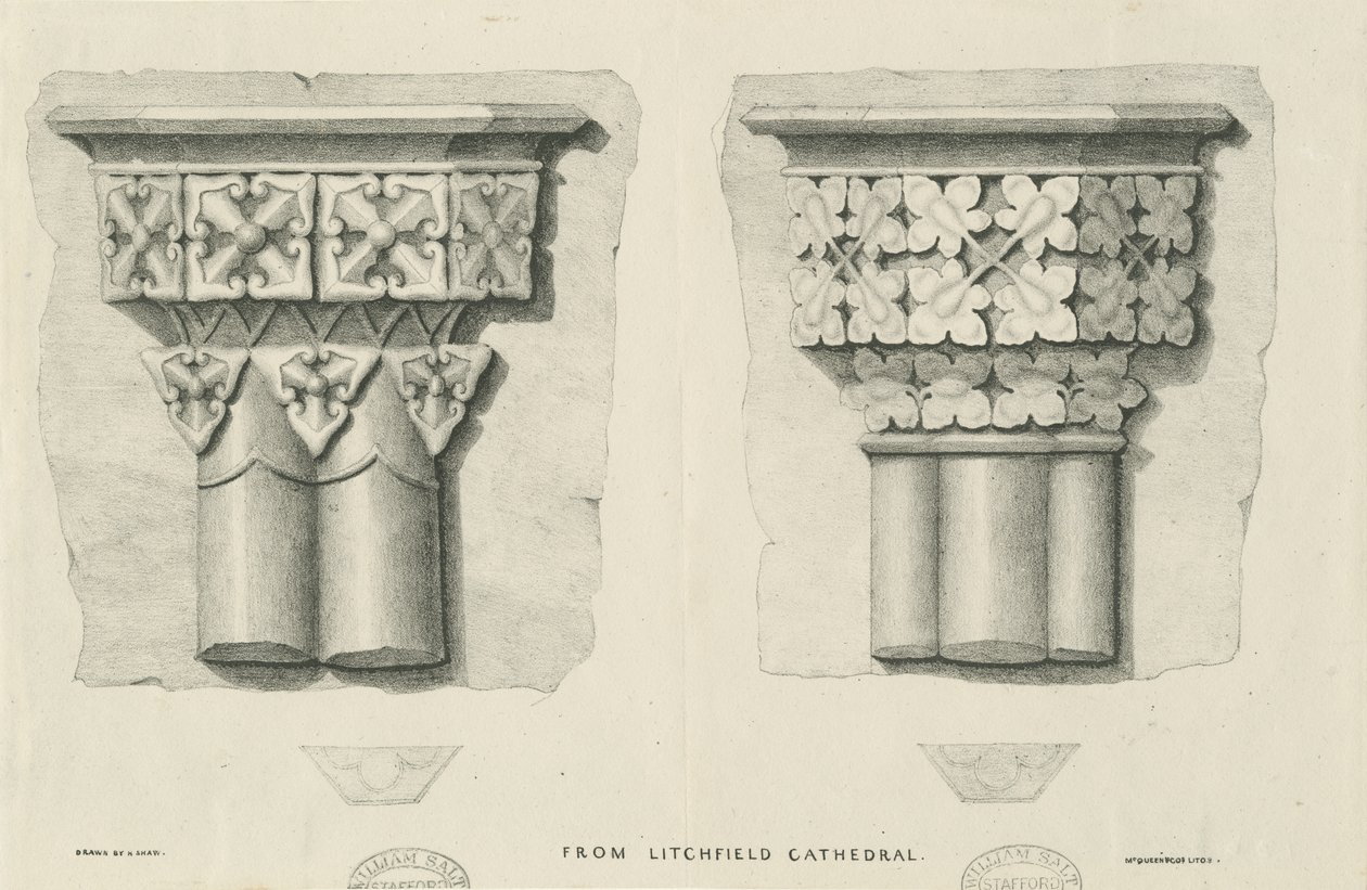 Interiér katedrály Lichfield - vyřezávané listy: litografie a [? 19. století] (tisk) od School English