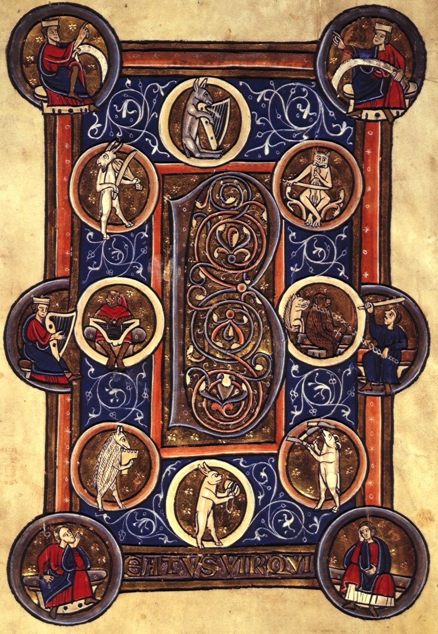Lansdowne 420 fol.12v Žalm I s obydlenou iniciálou 