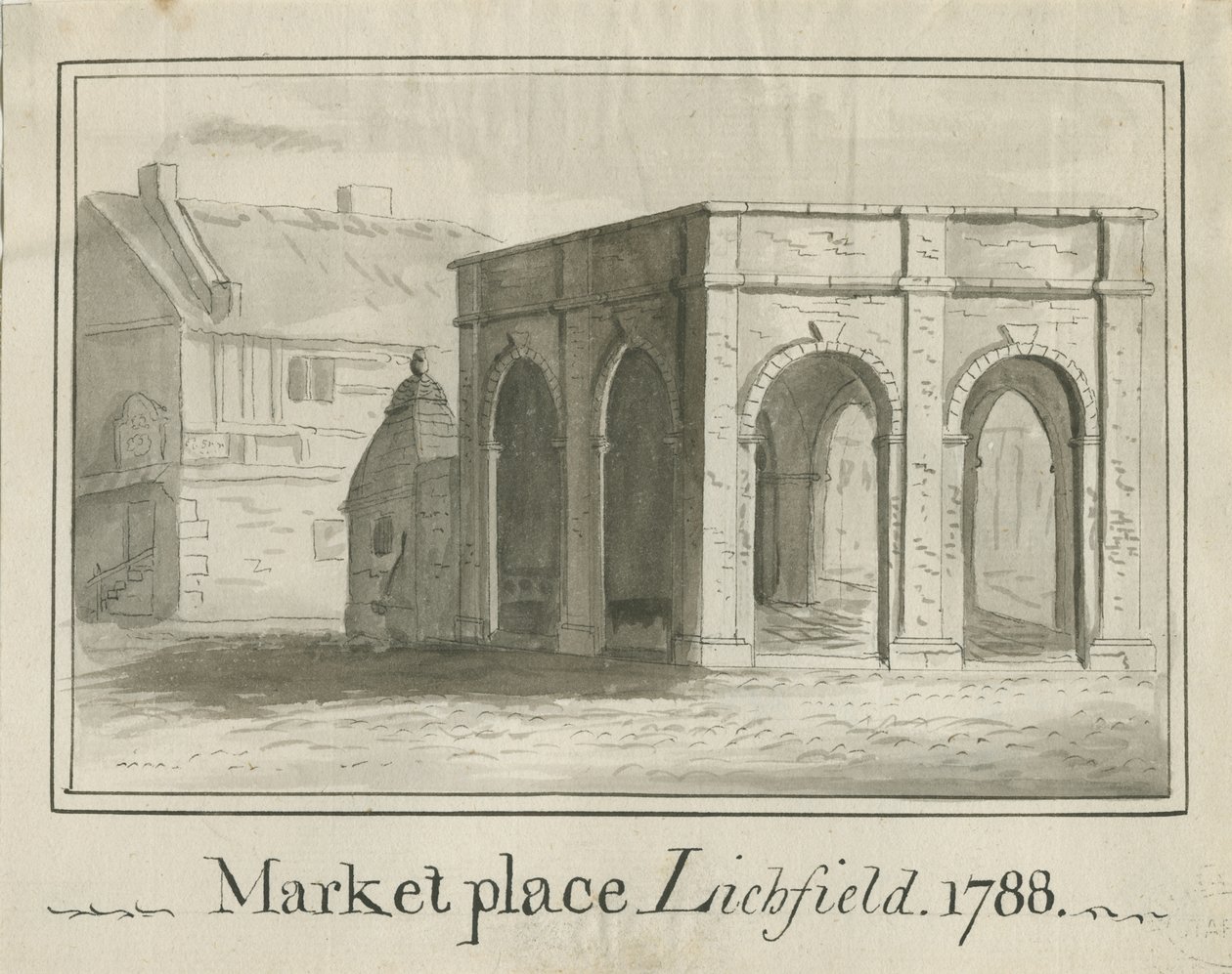 Lichfield - Market Place: sépiová kresba od School English