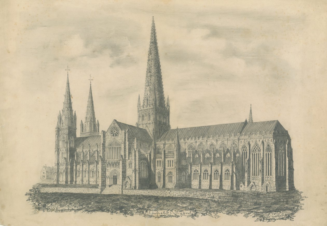 Lichfield Cathedral - South East View: rytina a [? 19. století] (tisk) od School English