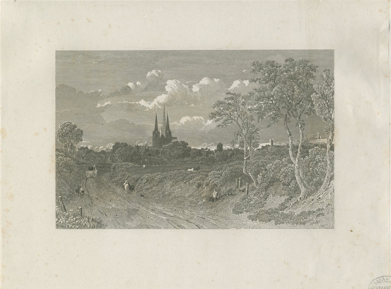 Katedrála Lichfield - West View (vzdálený): rytina a [18. století] (tisk) od School English