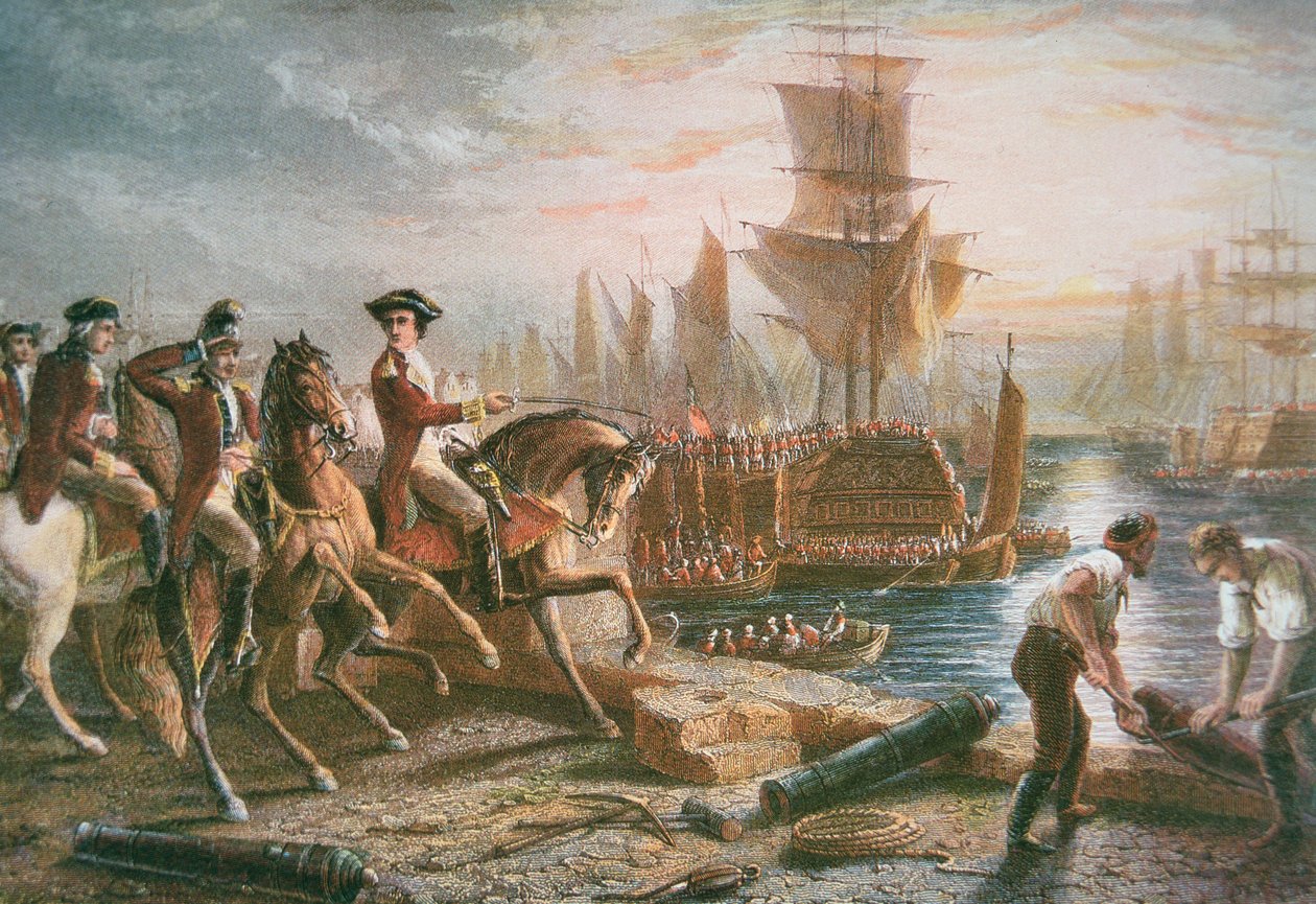 Lord Howe organizuje britskou evakuaci Bostonu v březnu 1776 (barevná rytina) od School English