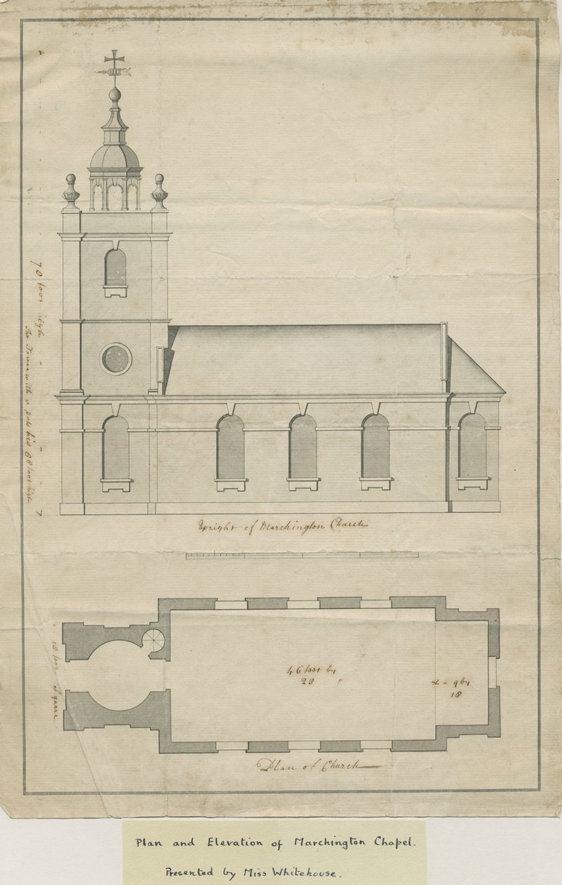 Marchington Church - Vnější pohled a plán interiéru: kresba perem, nd [?polovina 18. století] (kresba) od School English