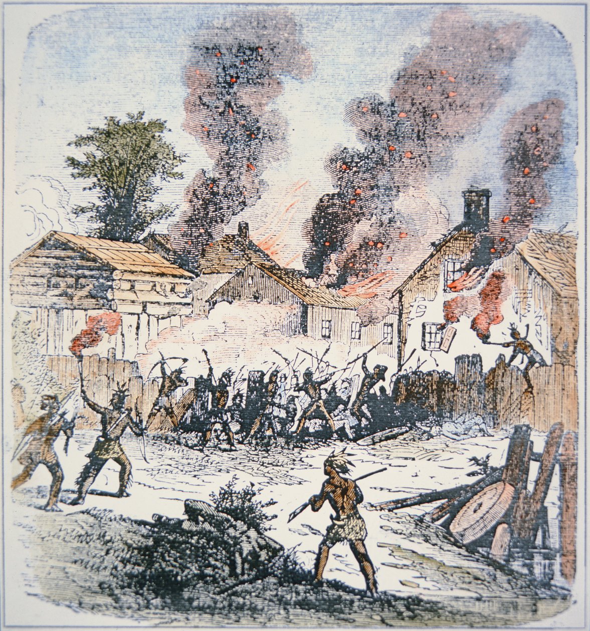 Indiáni Nipmuc zaútočili na osadu Brookfield, Massachusetts v srpnu 1675 (barevná rytina) od School English