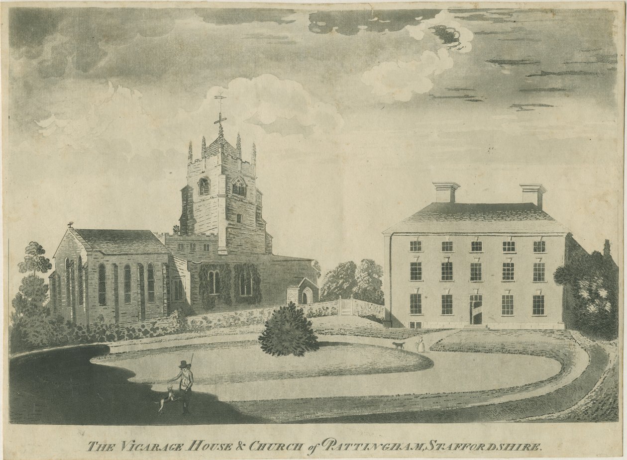 Pattingham Church and Vicarage House: rytina akvatinty, nd [? konec 18. století] (tisk) od School English