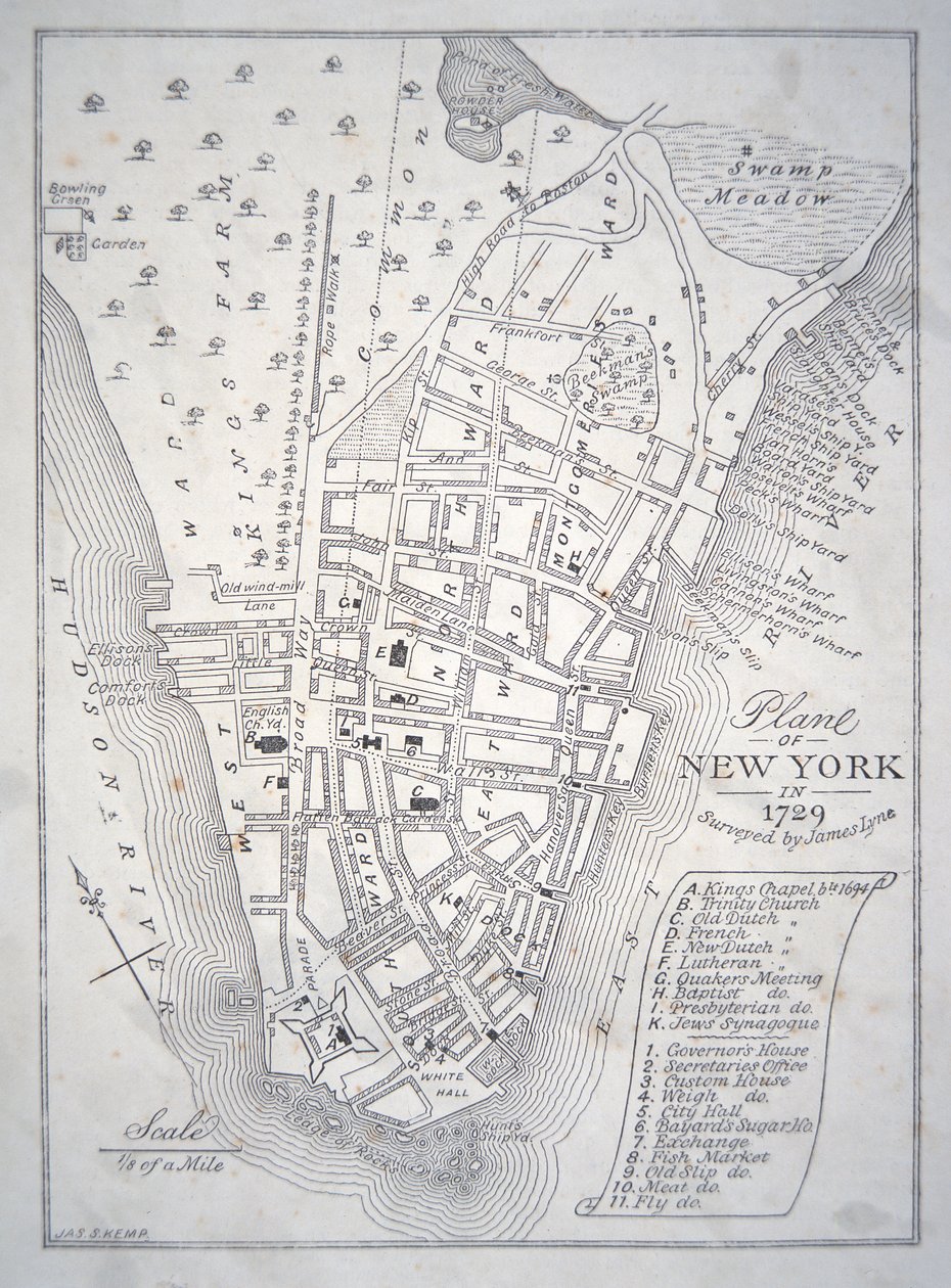 Plán New Yorku v roce 1729 (litho) od School English
