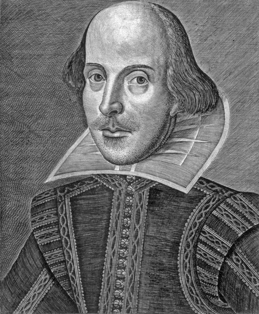 Portrét Williama Shakespeara, vyrytý Martinem Droeshoutem (asi 1560-1642) od School English