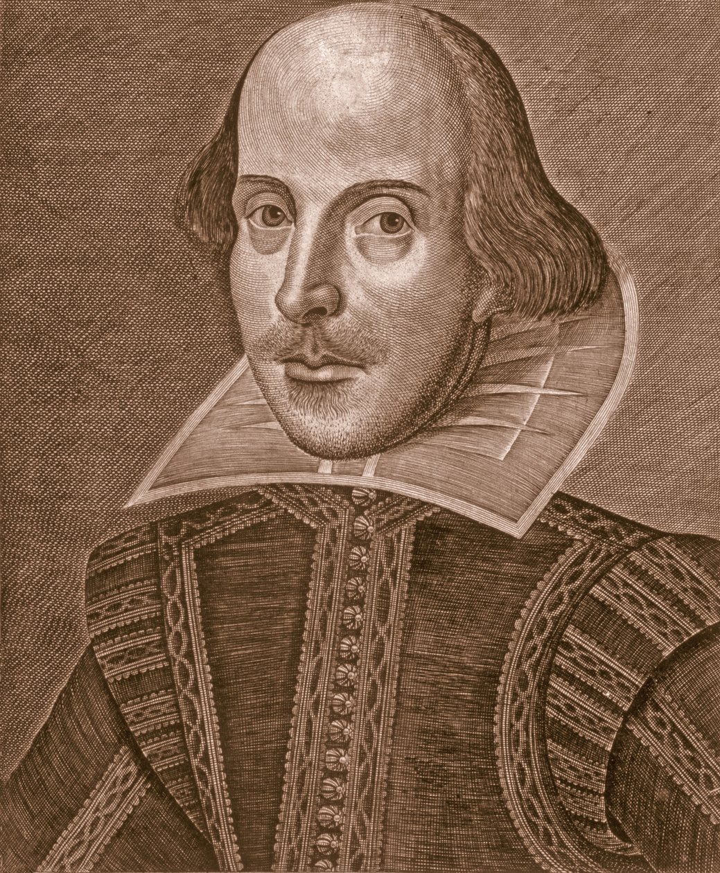 Portrét Williama Shakespeara, vyrytý Martinem Droeshoutem (asi 1560-1642) od School English