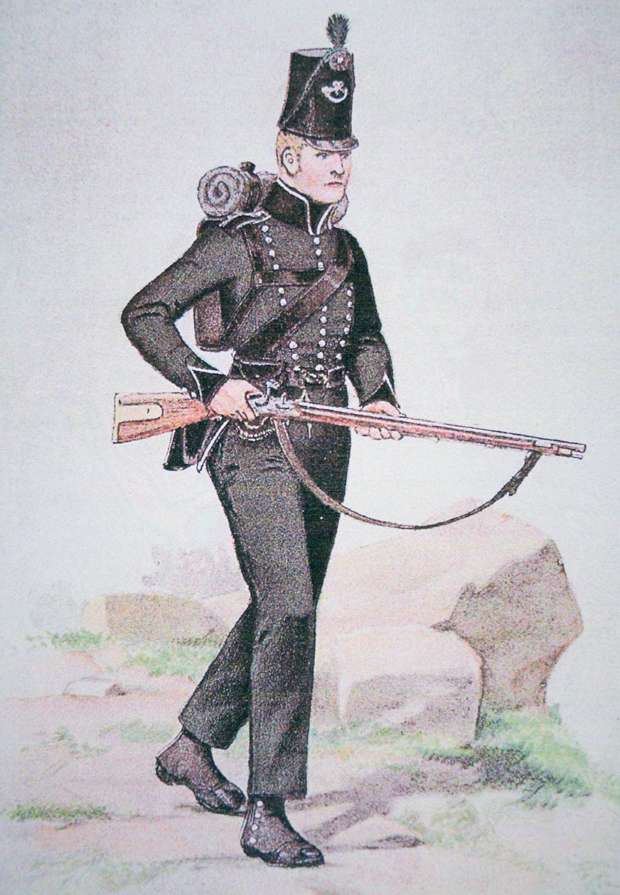 Vojín 95. pušky, kolem roku 1810, vyzbrojený Baker Rifle, navržený Ezekielem Bakerem z Londýna (barevné lito) od School English