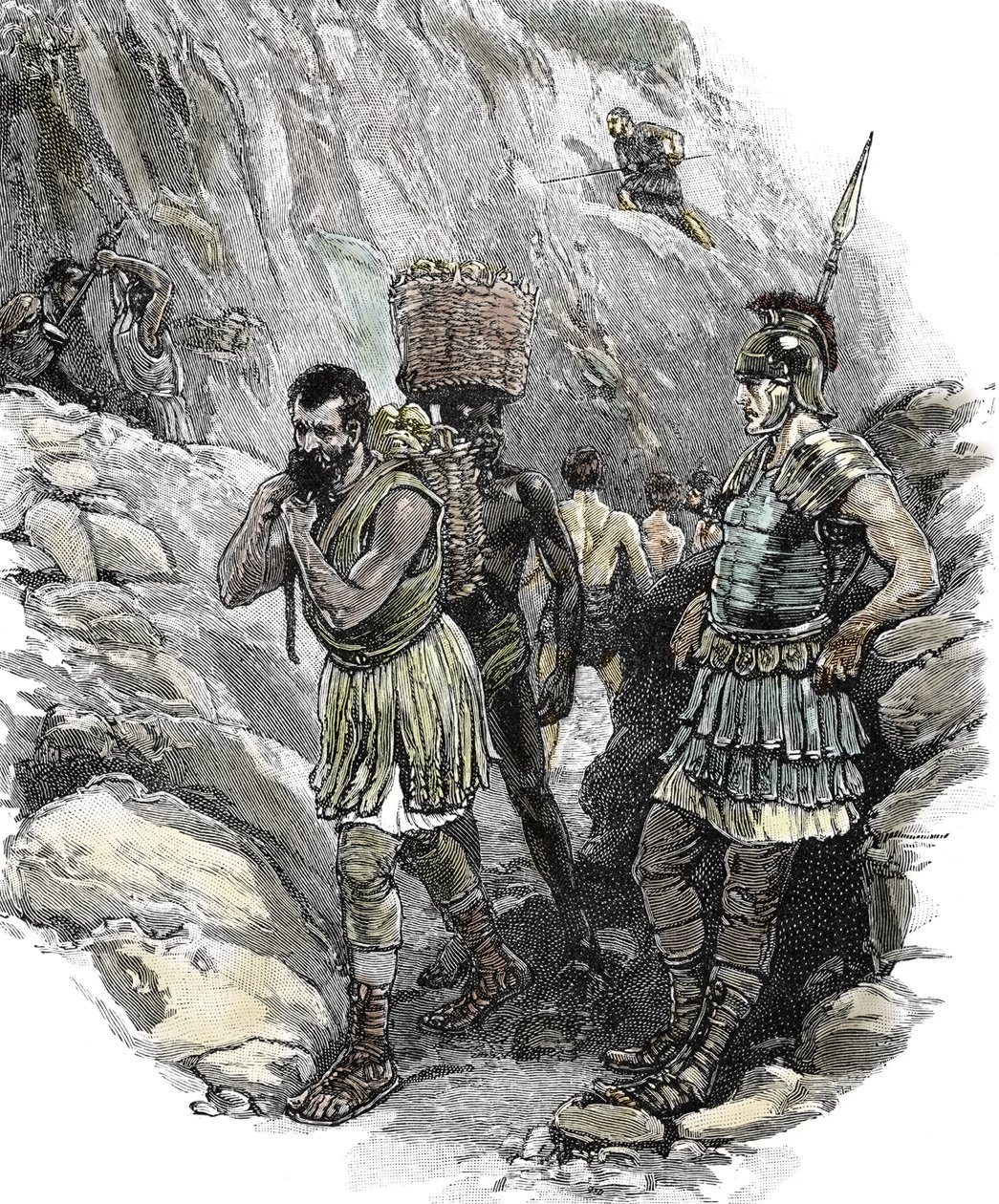 Římský legionář dohlíží na anglosaské dělníky v cínových dolech, Anglie 50 n. l. (tisk) od School English