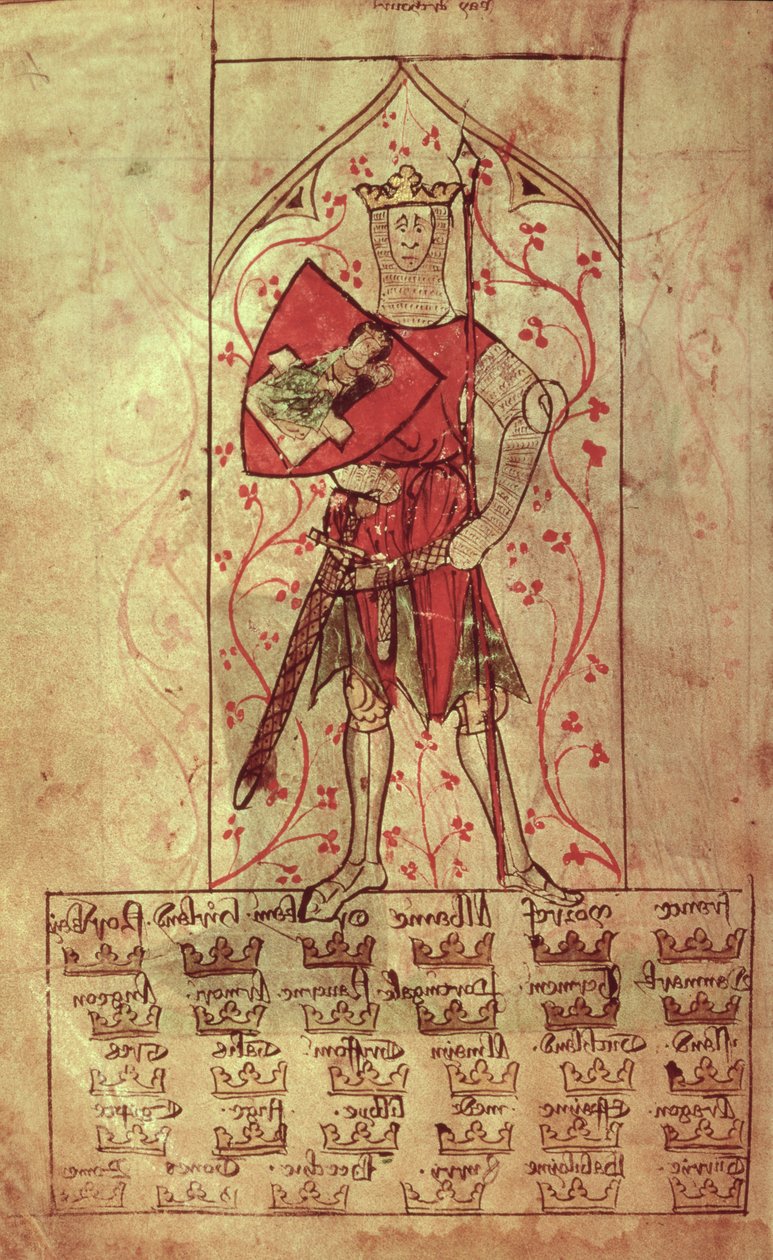 Roy 20 A II f.4r Král Artuš a třicet království napsaný za vlády Edwarda II. (1248-1327) od School English
