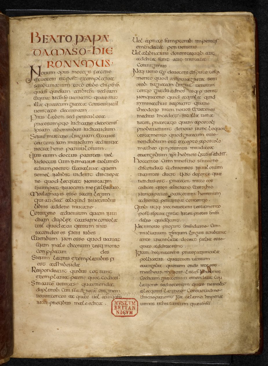 Royal MS Q E VI f.2r Stránka z evangelií („Královská Bible“) (vellum) od School English