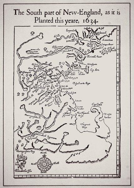 Jižní část Nové Anglie, jak je osázena v tomto roce 1634 (litografie) od School English