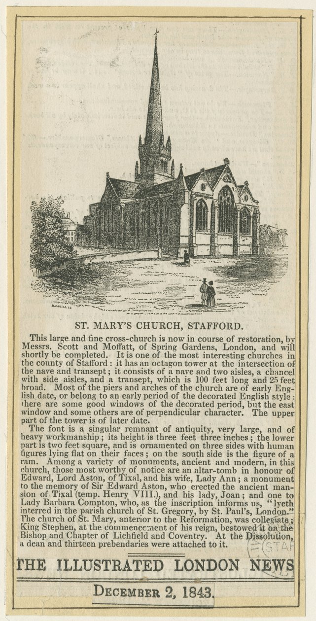 Stafford - Kostel Panny Marie: dřevoryt, nd [c 1843] (tisk) od School English