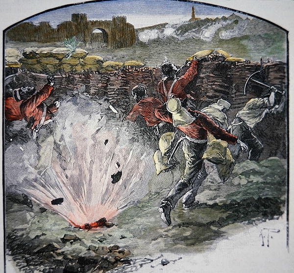 Britské pozice pod dělostřelbou z města během obléhání Dillí od School English