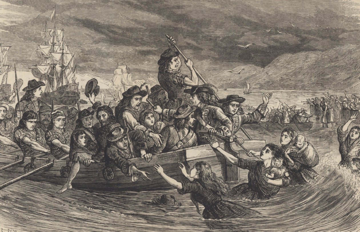 Divoké husy – jakobitští irští vojáci odcházejí z Limericku do Francie v roce 1691 (rytina) od School English